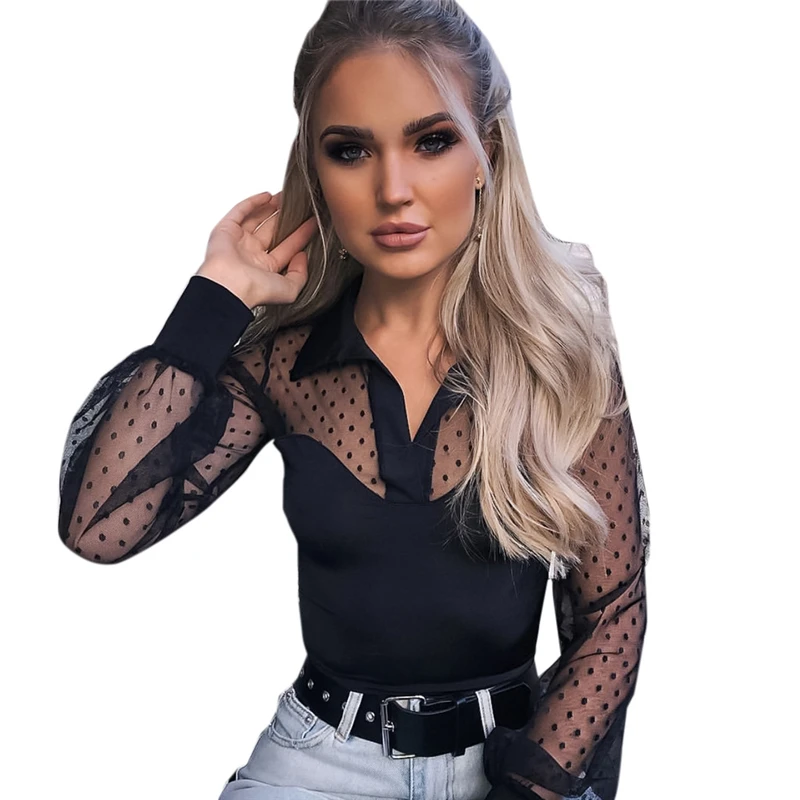 

Women Mesh Sheer Blouse See-through Long Sleeve Top Shirt Blouse Fashion Lace Transparent White Shirt Female Blusas