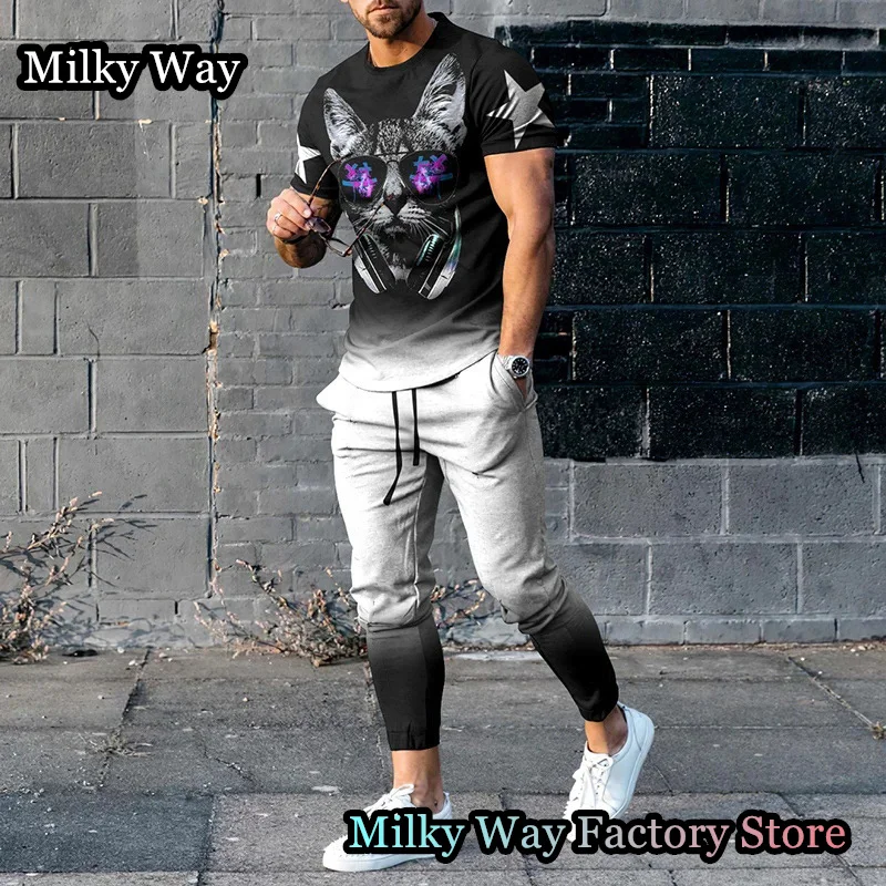 Summer Men Tracksuit 2 Pieces Lion King Printing T-Shirt Trousers Set Casual Jogging Suit Fashion Outfit Male Animal Streetwear