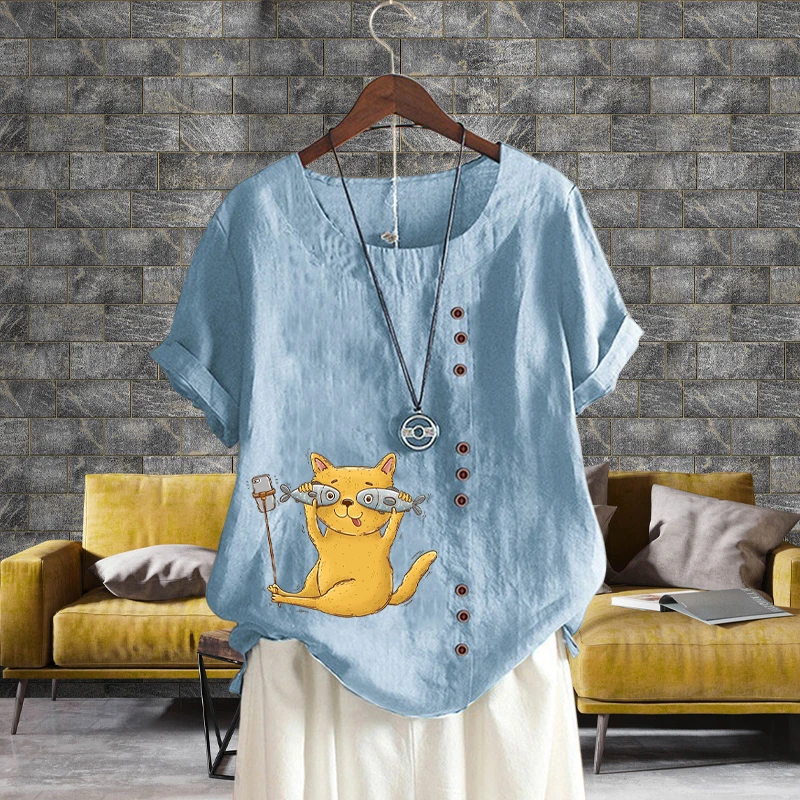 

Модная женская летняя льняная рубашка с круглым вырезом, свободная футболка с мультяшным принтом животных, винтажный однотонный топ с коро...