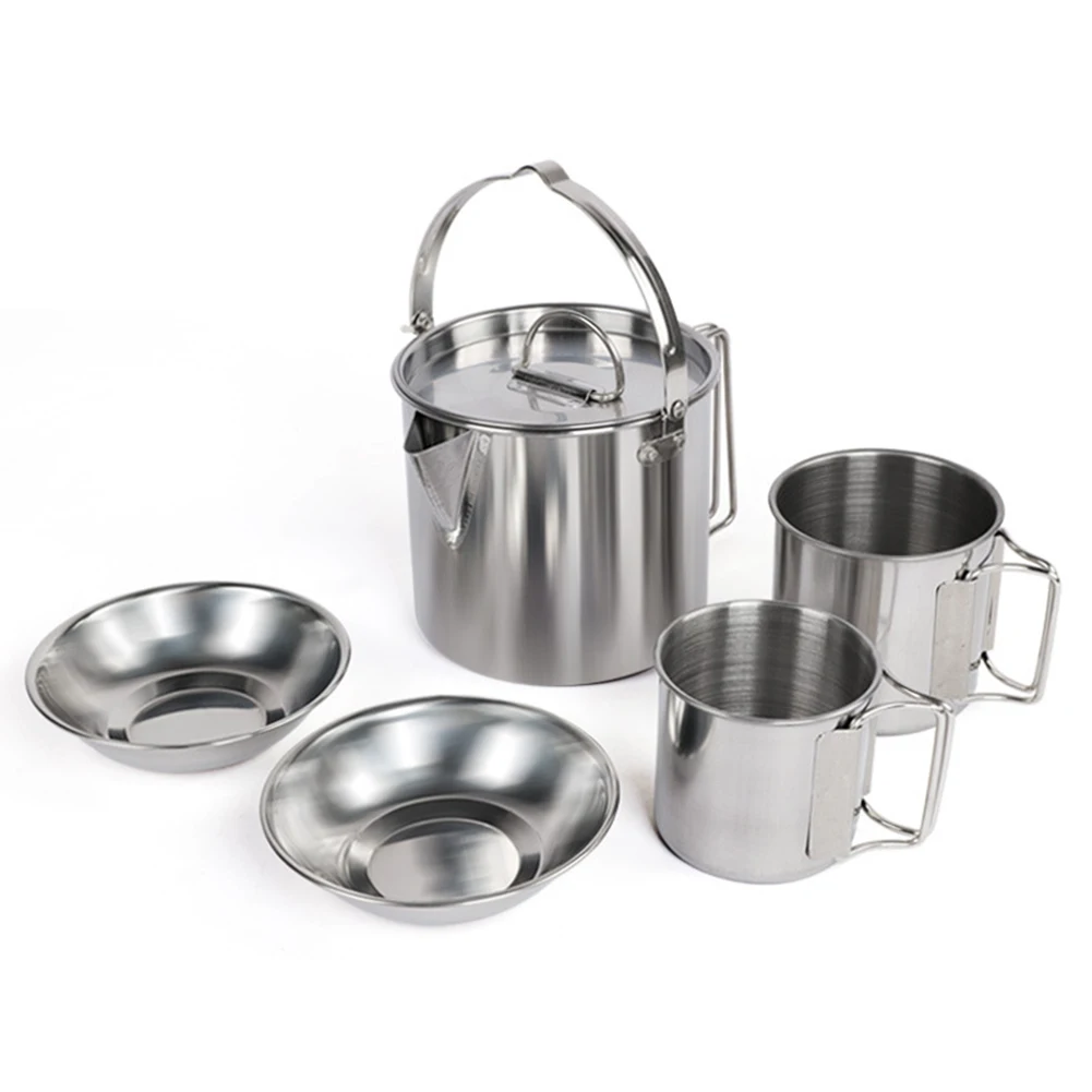 

5pcs/set Folding Picnic Cooking Pots Outdoor Tableware Outdoor Stainless Steel Pot Backpacking Camping Bowl Cup Cookware
