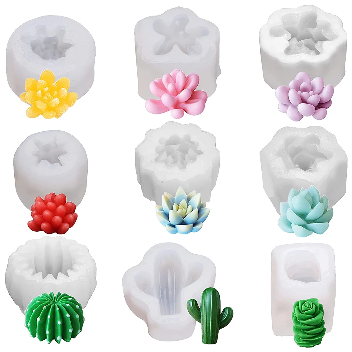 

9Pcs Succulent Silicone Mold Safe Cactus Flower Resin Mold Silicone Candle Mold 3D Succulent Resin Epoxy Casting Mold Durable