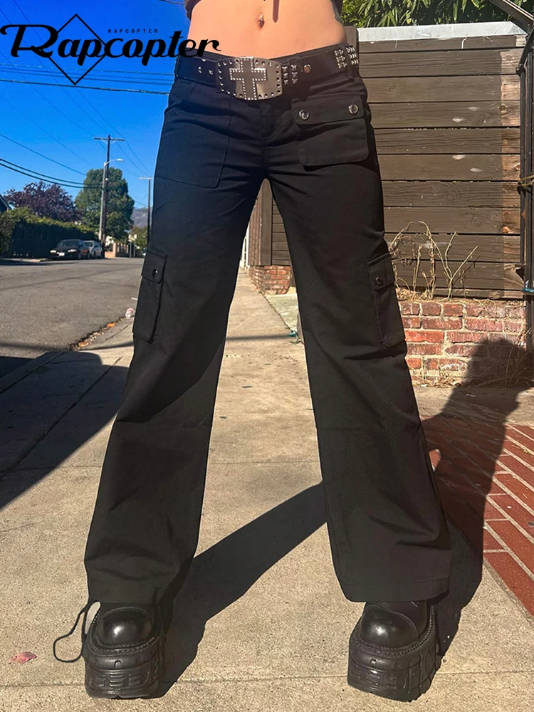 

Rapcopter Y2K Black Cargo Pants Pockets Low Wasited Ruched Punk Korean Trousers Women Streetwear Hippie Pants 2023 New Vintage