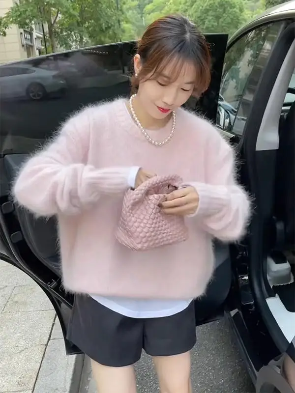 Розовый вязаный свитер из мохера Idle Sle High Sense 2024 осень и зима новый зимний