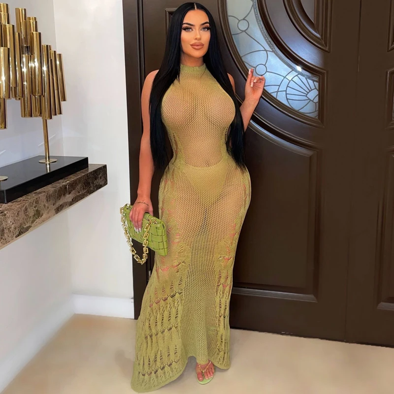 

Dress Summer Women 2023 Beach Cover Up New Sexy Ladies Knitted Hollow Out Solid Acrylic Saida De For The Swimsuit Robe Plage