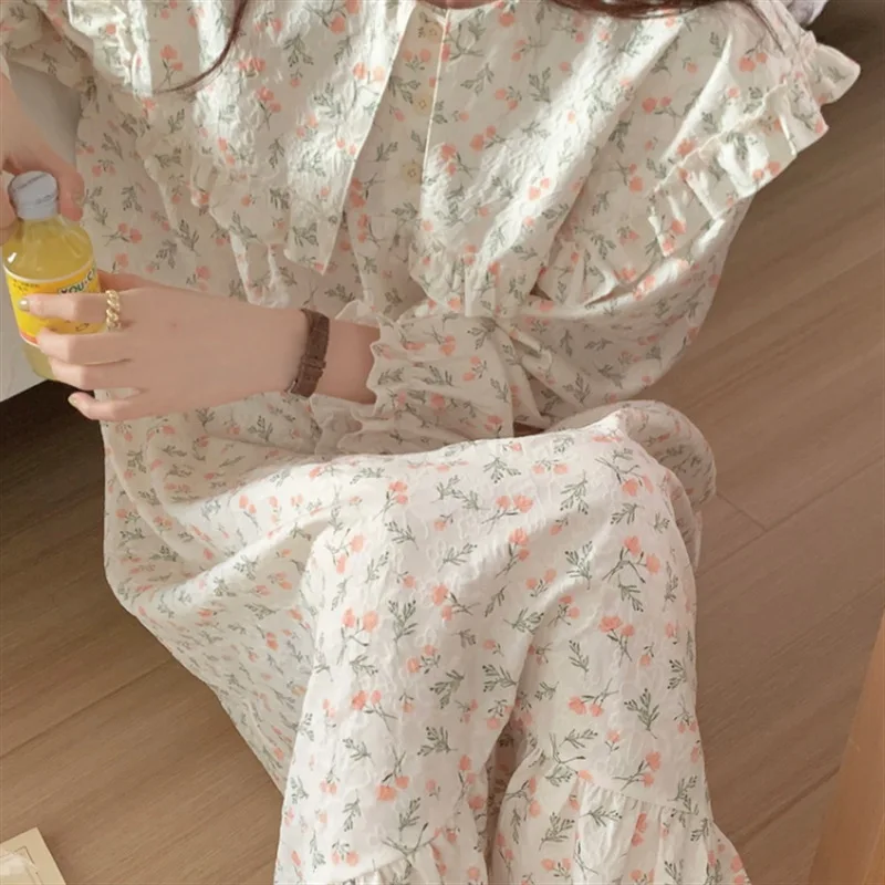 New Korean Spring Autumn Nightgown Women Loose Long Sleeve Dress Female Sweet Floral Cotton Housewear Nightshirt Outside Wear