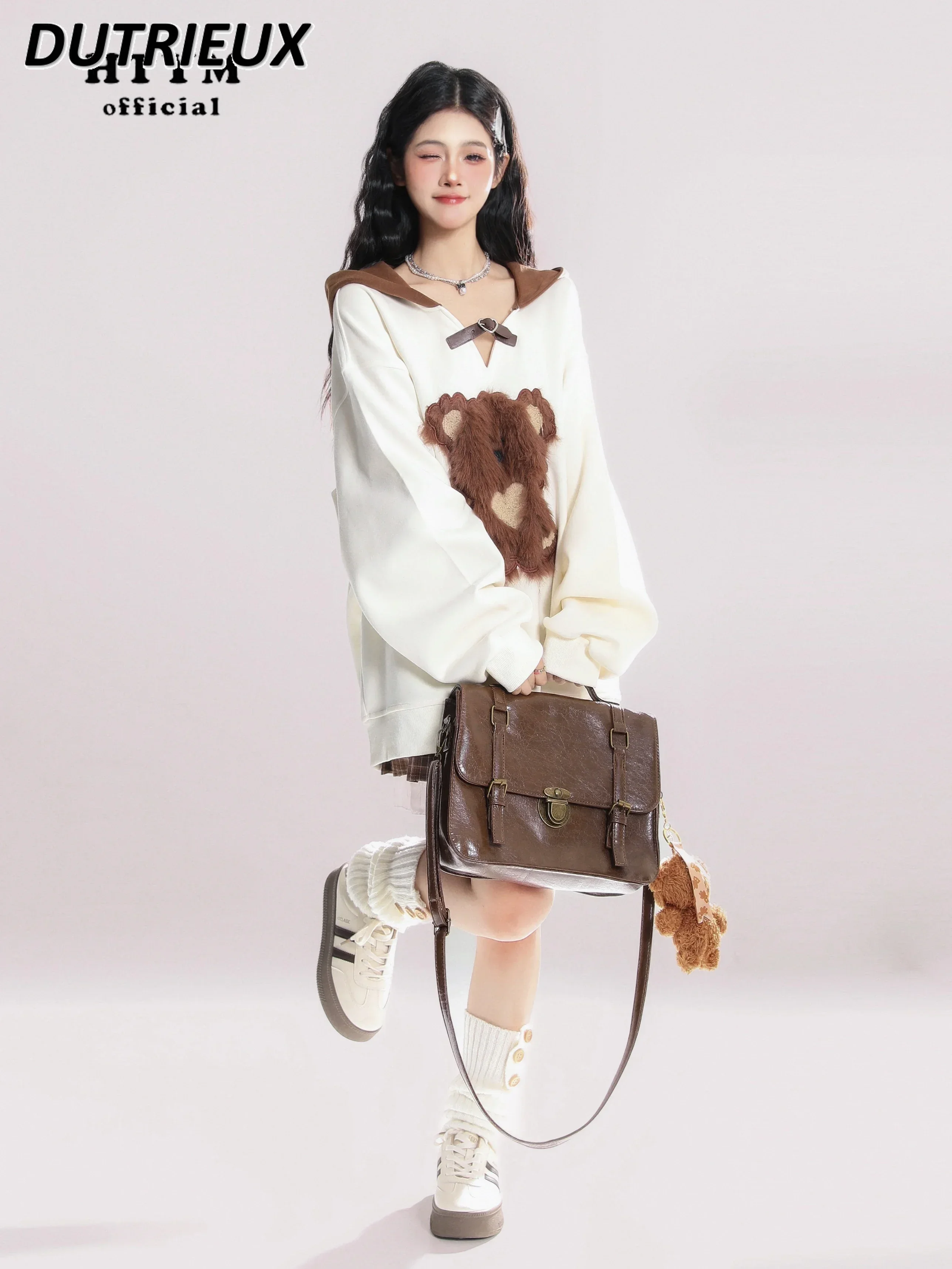 kowanej haftowanej kreskówki bluza z kapturem i dekoltem w szpic damska wiosenna jesienna słodka dziewczęca dopasowana kolorystycznie luźna