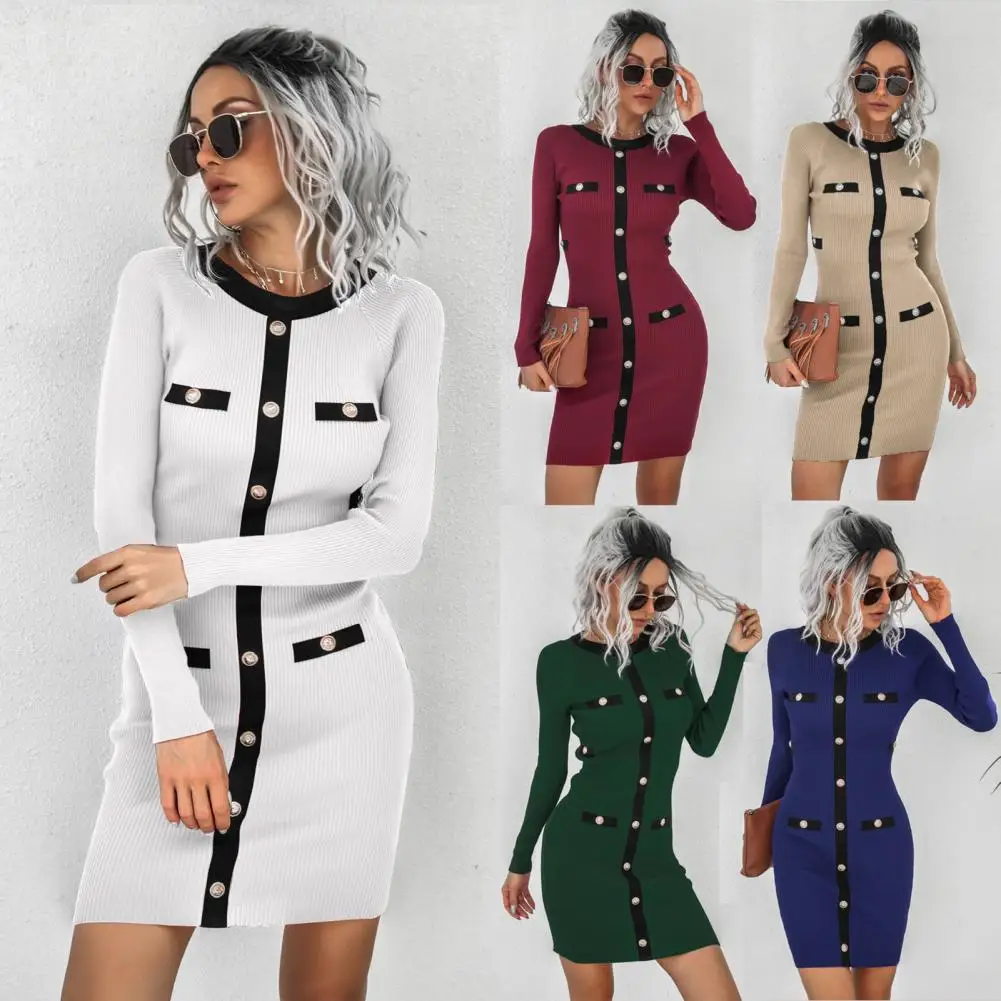

Knitted Dress O-neck Above Knee Length Autumn Winter Patchwork Color Rivet Decor Bodycon Dress Mini Dress Autumn Dress
