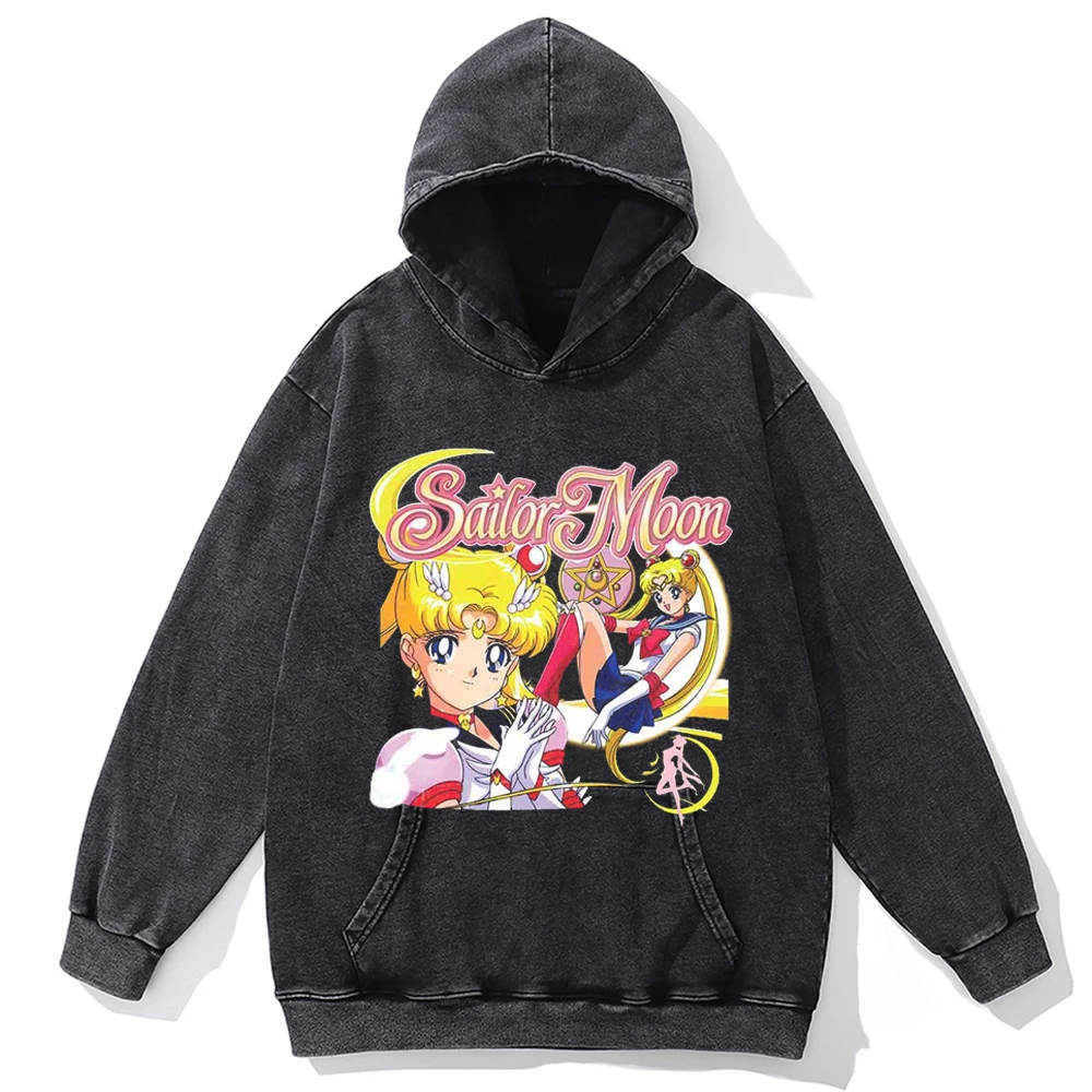 

2023 Vintage Hoodie Sailor Moon Graphic Printed Hoodies Men Women Hip Hop Washed Sweatshirt Harajuku Cotton Streetwear Pullover