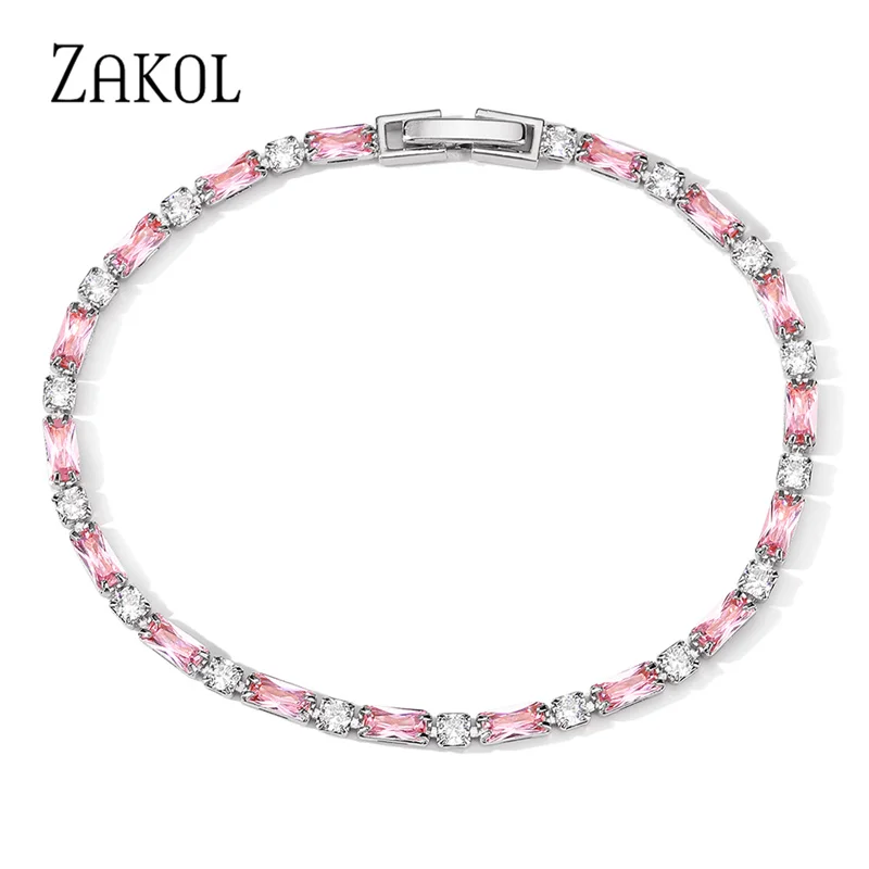 ZAKOL Simple Pink Rectangle Cubic Zirconia Charm Tennis Bracelets for Women Girls Fashion Party Wedding Jewelry Birthday Gift