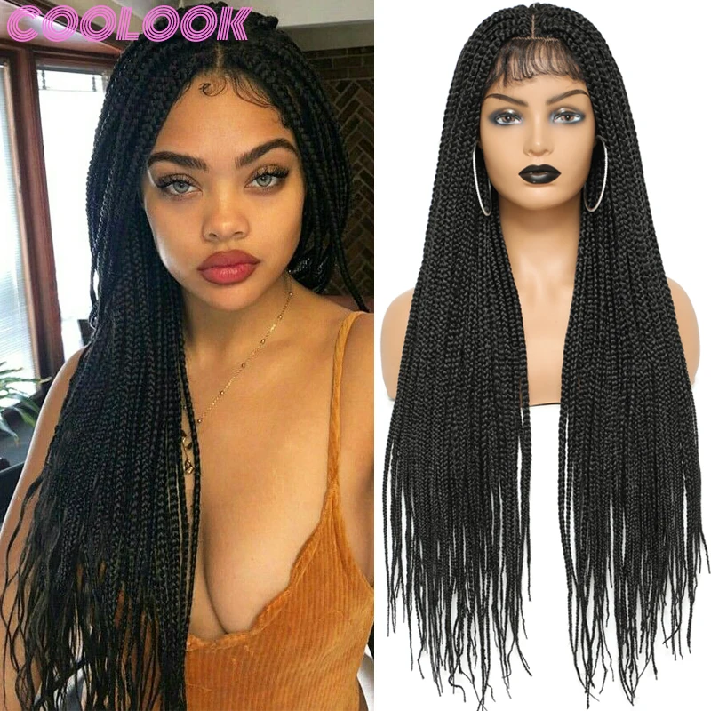 

Парик 30 дюймов в длинной коробке с плетеными кружевами спереди, натуральные черные косички в коробке, парики на сетке для афро-женщин, синте...