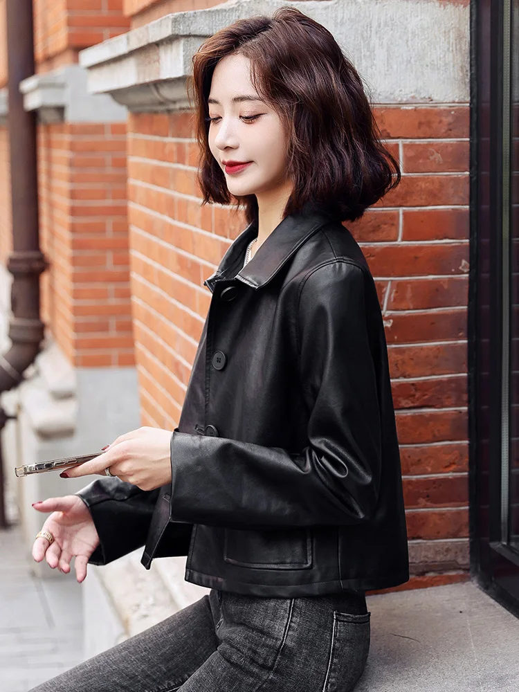 New Women Short Leather Jacket Spring Autumn Fashion Shirt Collar Single Breasted Slim Short Leather Coat Sheepskin Biker Jacket