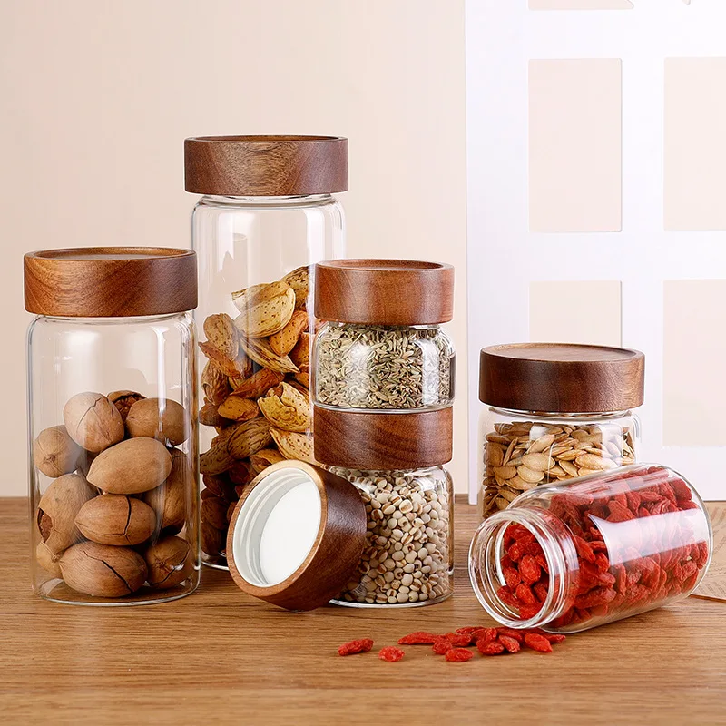 

Glass Storage Containers,High Borosilicate Glass Jars Kitchen Food Canisters with Acacia Wood Lids for Coffee Beans/Sugar/Nuts