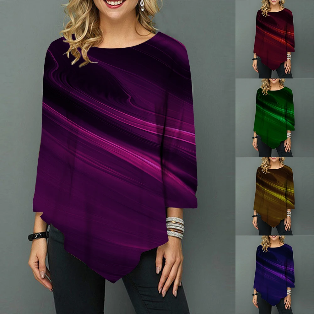 

Осенняя женская блузка с рукавом 3/4 в стиле бохо, рубашка с принтом Авроры, свободный Дамский пуловер, топы, модная повседневная Асимметричная уличная одежда