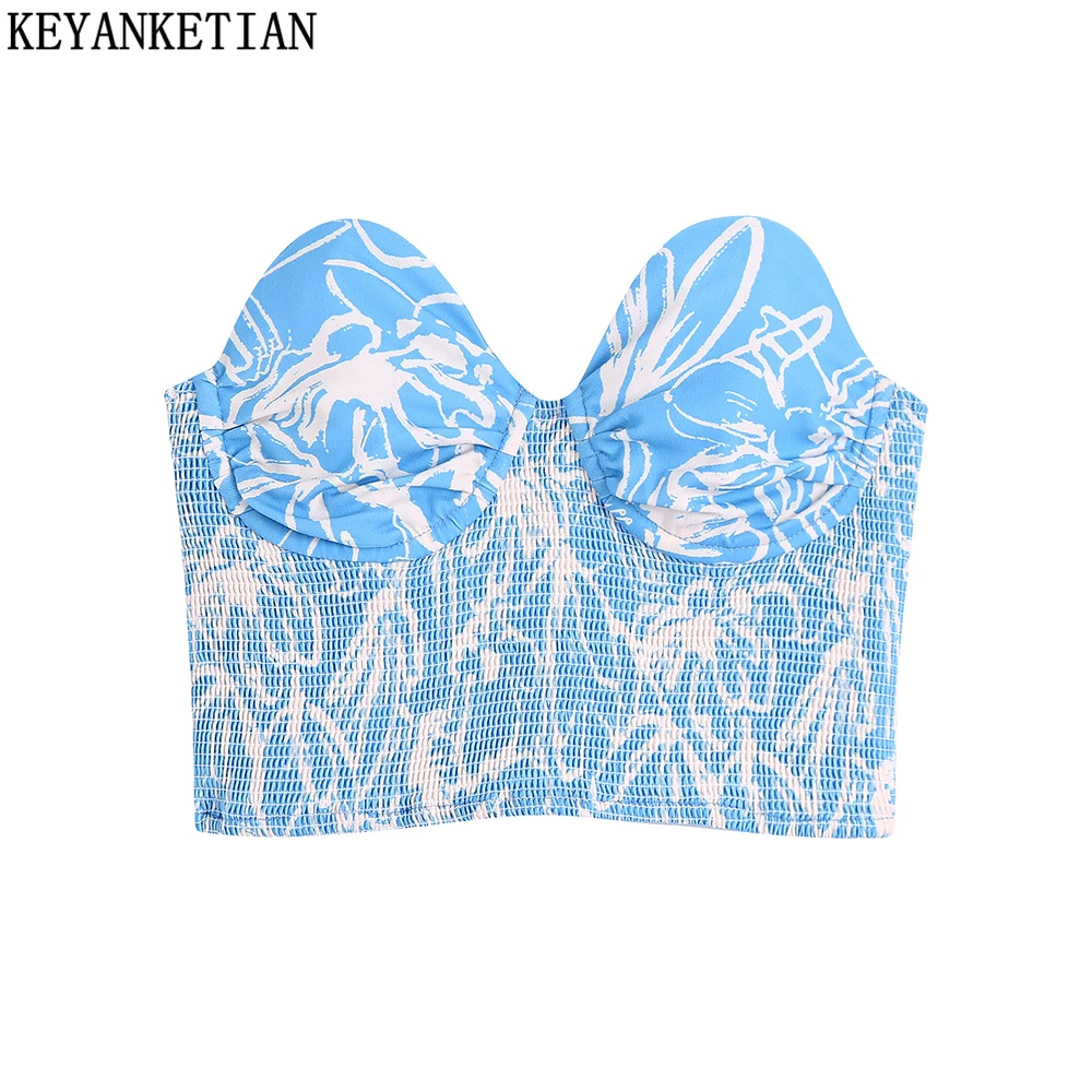KEYANKETIAN Summer new blue and white tie-dye printed corset crop top ladies beach style open back wrap chest vest