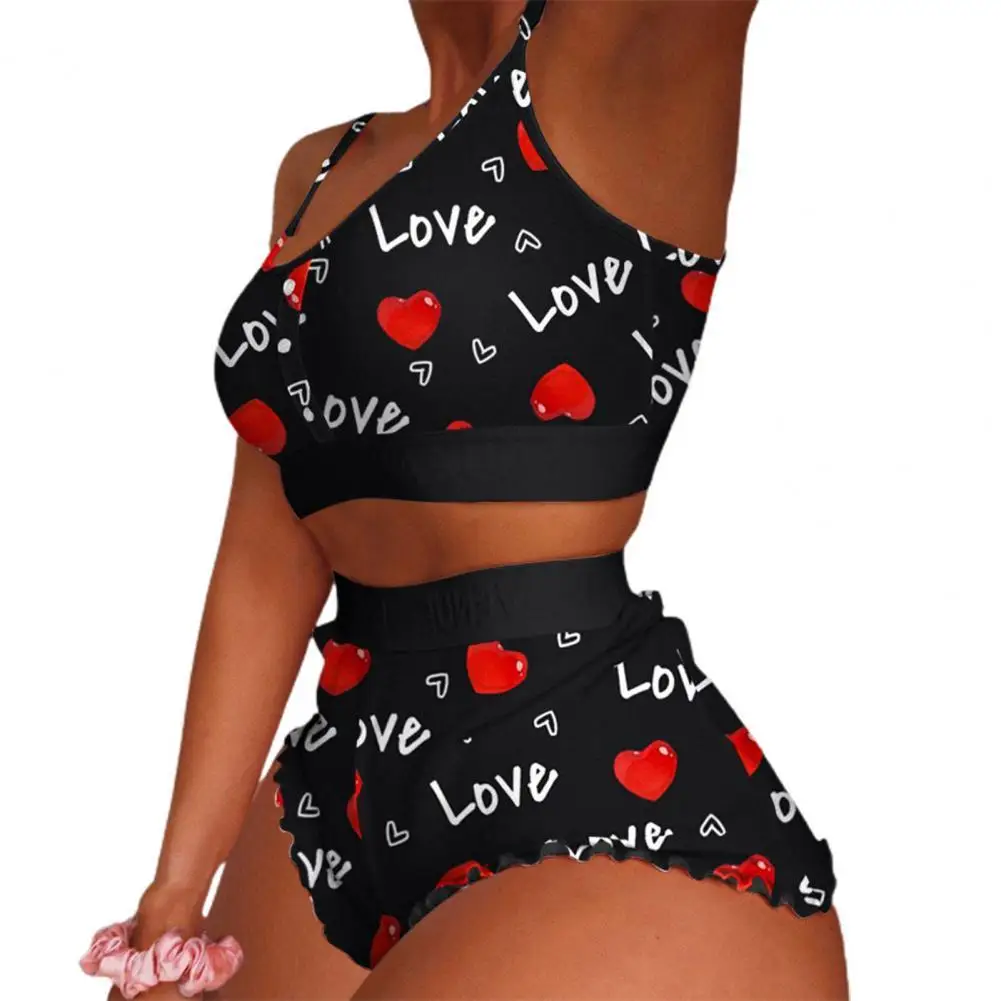 

2Pcs/Set Vest Style High Waist Lady Beach Outfit Elastic Waistband Sweet Heart Print Top Shorts Bikini Set for Water Activity