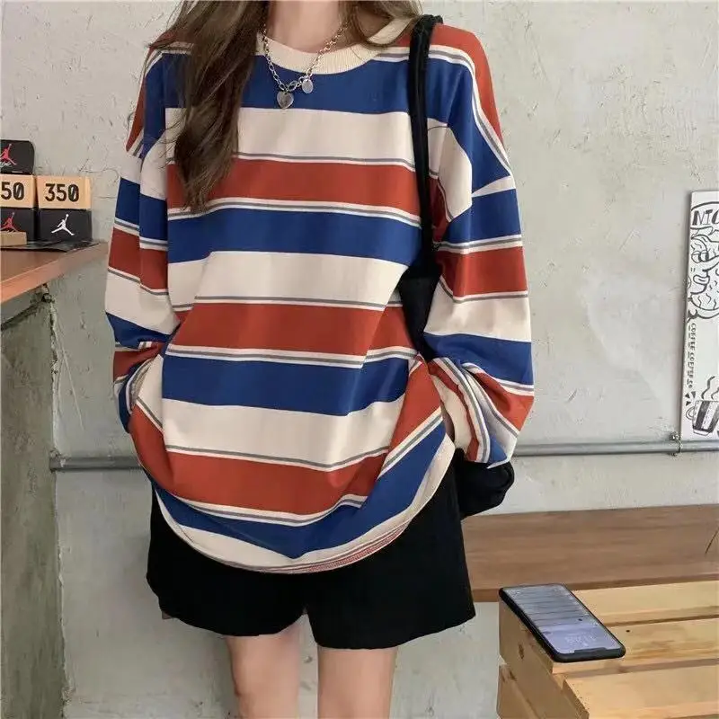 

Autumn Women Ins Rainbow Striped Loose T-shirt Fashion Patchwork Student Tshirts Y2k Aesthetic Grunge Long Sleeve Tee Shirts
