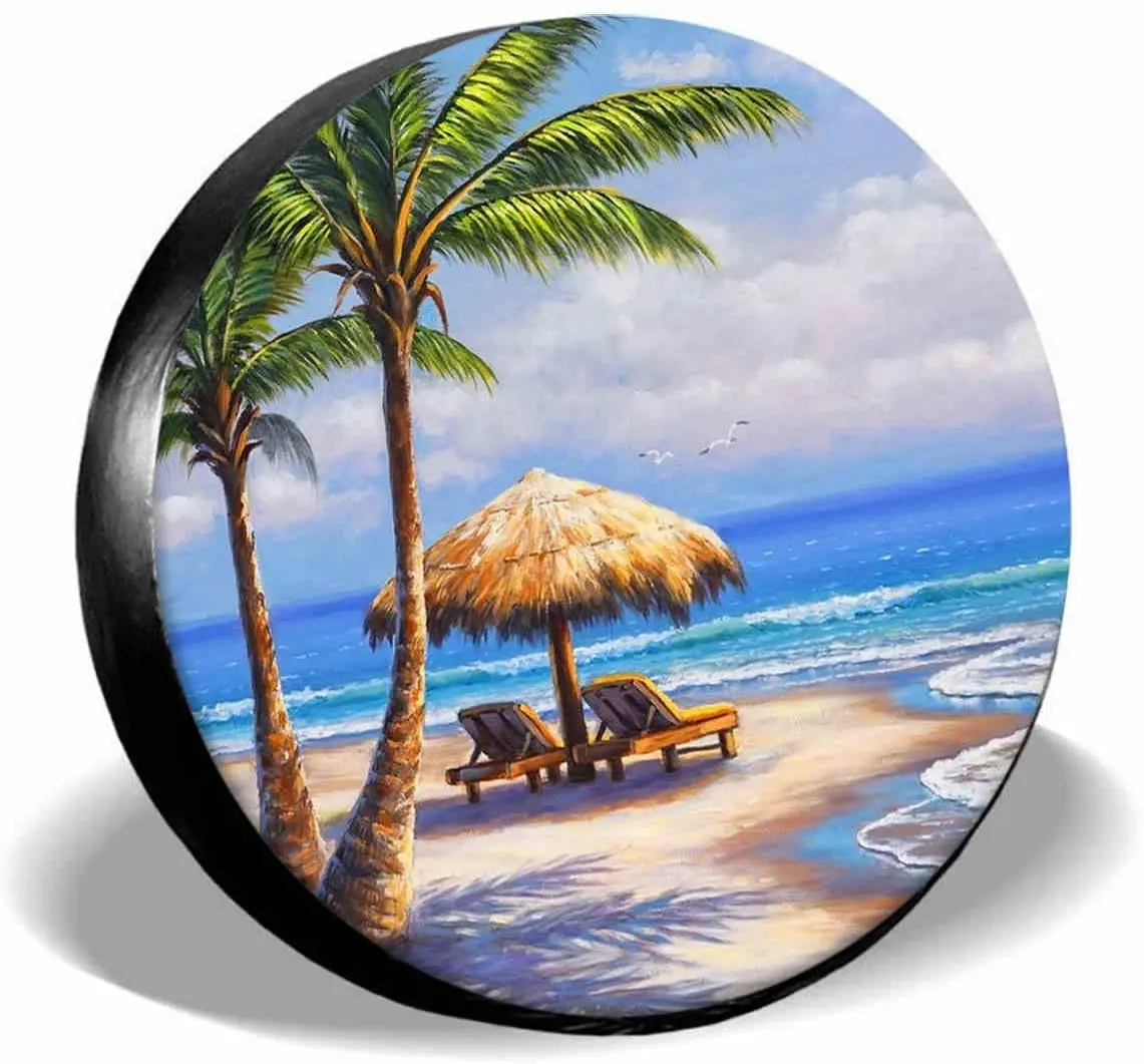 

IBILIU Beach Spare Tire Cover,UV Sun Protectors Wheel Cover Sun Umbrella Palm Trees Birds Sky Tire Cover Universal Fit