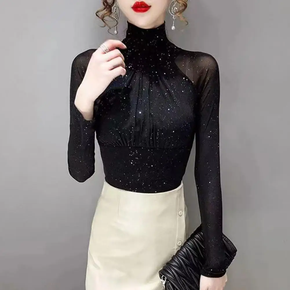 Женские блузки с высоким воротником женская сексуальная блестящая блузка