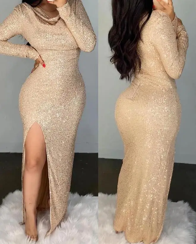 

Winter New Women Dress Fashion Solid Cowl Neck Split Thigh Allover Sequin Evening Dress Sexy Club Party Dress Support Wholesale