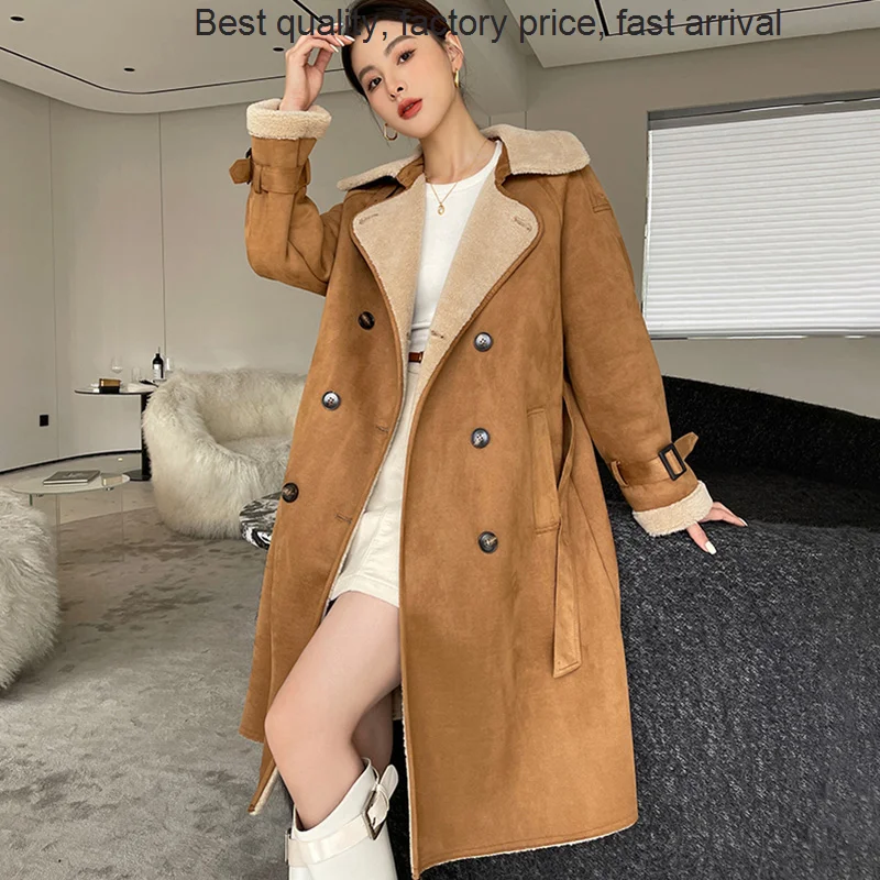 High quality luxury brand 2023 New Winter Lady Long Coats Fashion Retro Warm Fur Lining Elegant Overcoat Double-Breasted Soft Be