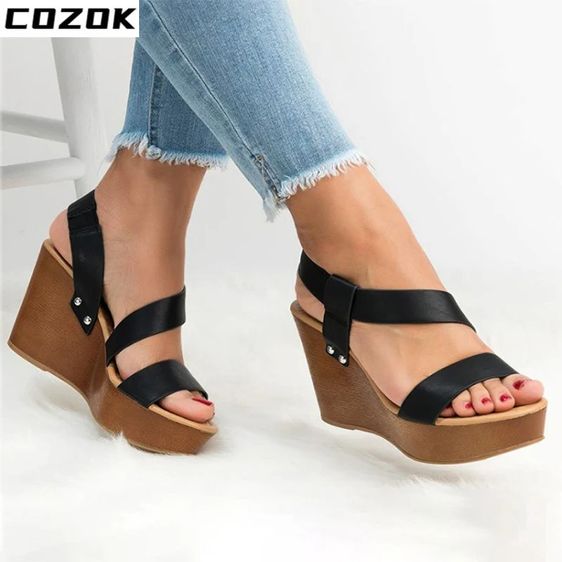 

Women Sandals Wedge Platform Sandals Summer Solid Causal Slip On Concise Fashion Wedges Brand New Heels Open Toe Lady Shoes