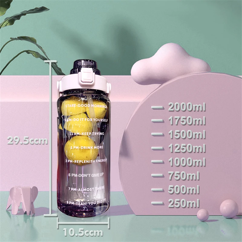 Бутылка для воды на 2 литра с маркером времени и соломинкой большая емкость