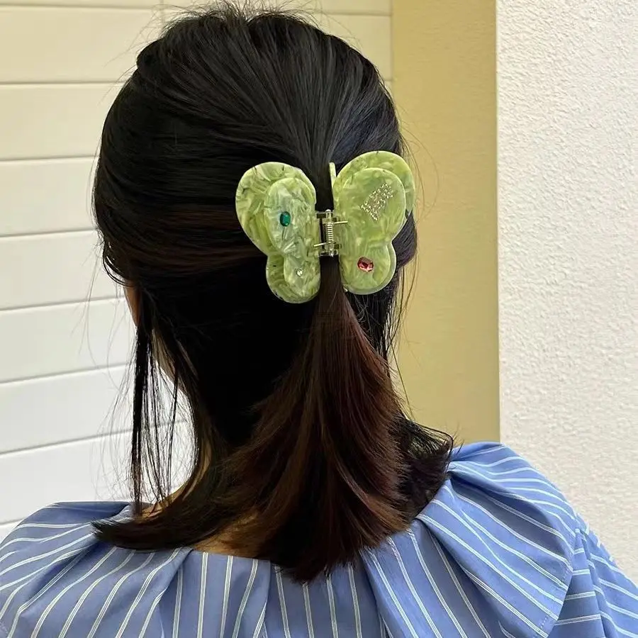 

Two Butterfly Gemstones With Acetate Hair Clips Grab Cartoon Butterfly Dopamine Shark Hair Claw Women's Cute Hairpin Accessories