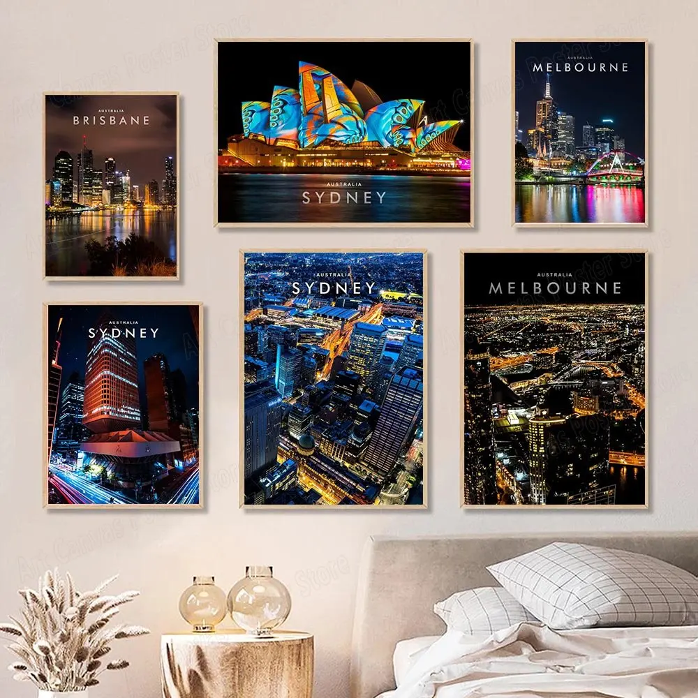 Постеры с изображением туристического города, ночного вида, Перта, Мельбурна, Сиднея, Картина на холсте и принты, настенные картины для комнаты, домашний декор, квадраты