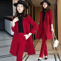 hanbokthickened cotton wine red suit coat womens autumn and winter new business wear medium and long windbreaker coat suit