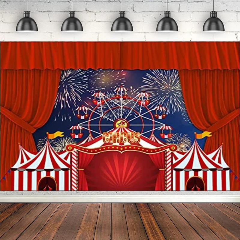 

Red Circus Tent Photography Backdrop Ferris Wheel Night Fireworks Background Kids Birthday Party Decoration Baby Shower Banner