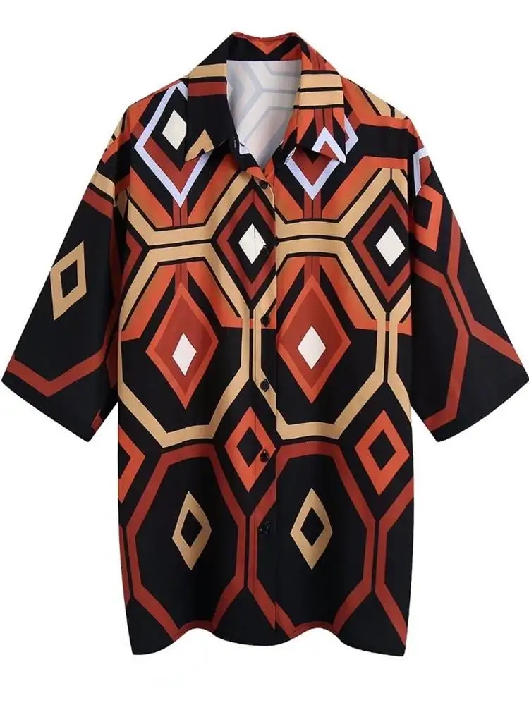 

TRAF Women 2022 Fashion Loose Geometric Graphic Print Blouses Vintage Short Sleeve Button-up Female Shirts Blusas Streetwear