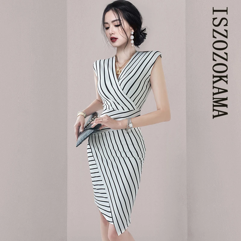 

ISZOZOKAMA Stripe office Tight Dress one piece korean ladies SUmmer Sleeveless cabaret party formal mini Dresses for women