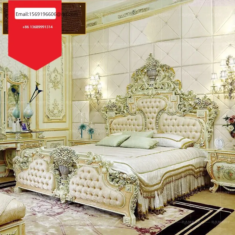 

Итальянская резная двойная кровать из цельной древесины, европейская роскошная тканевая окрашенная кровать, вилла, Главная спальня, кровать принцессы