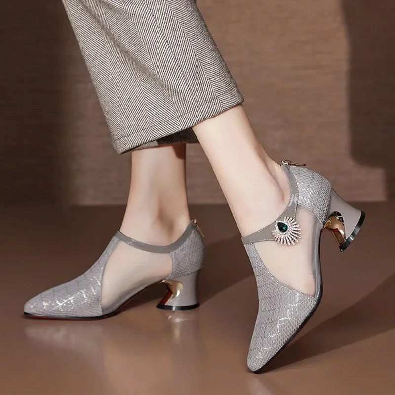 

Туфли-лодочки женские сетчатые, дышащие, квадратный каблук, элегантные, серые, F278, весна-лето