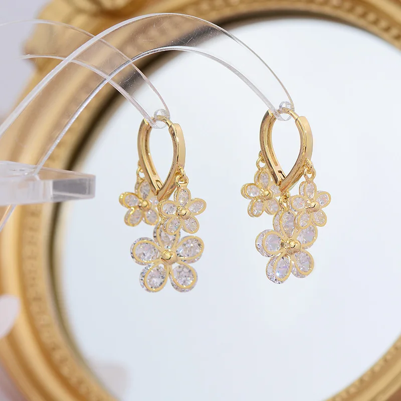 

Корейские новые модные ювелирные изделия 14 к реальное золото милые циркониевые цветочные Подвесные серьги с кисточками роскошные женские ...
