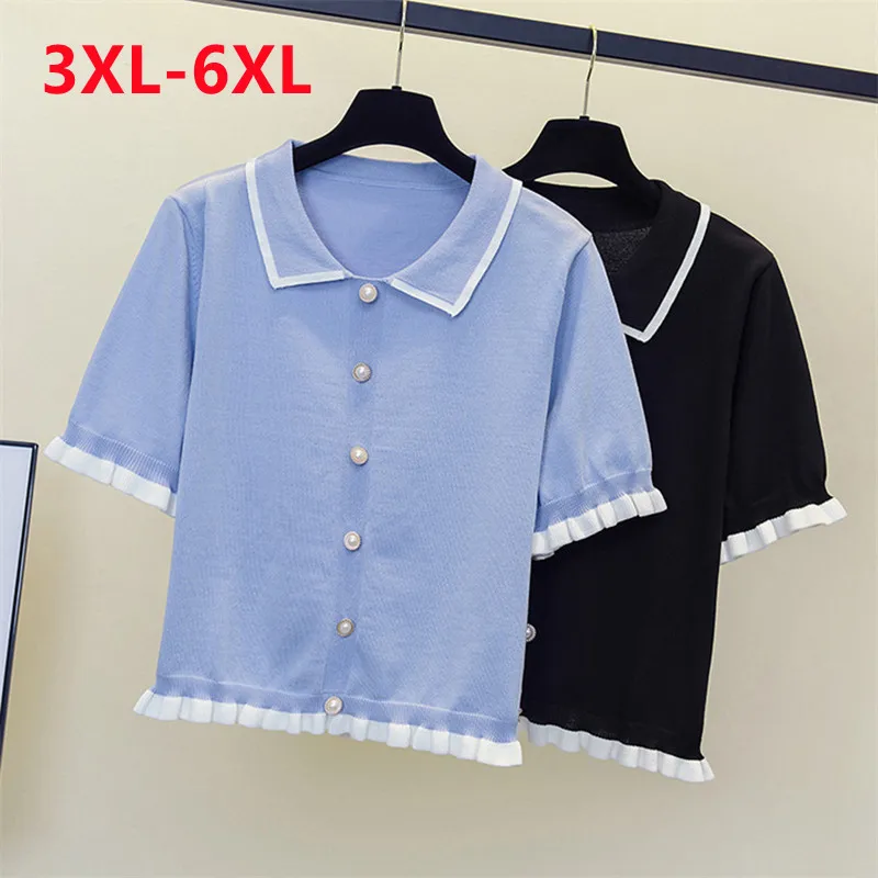 

2022 large women's short sleeved shirt summer lace Lapel Plus Size knit T-shirt 3XL 4XL 5XL 6XL