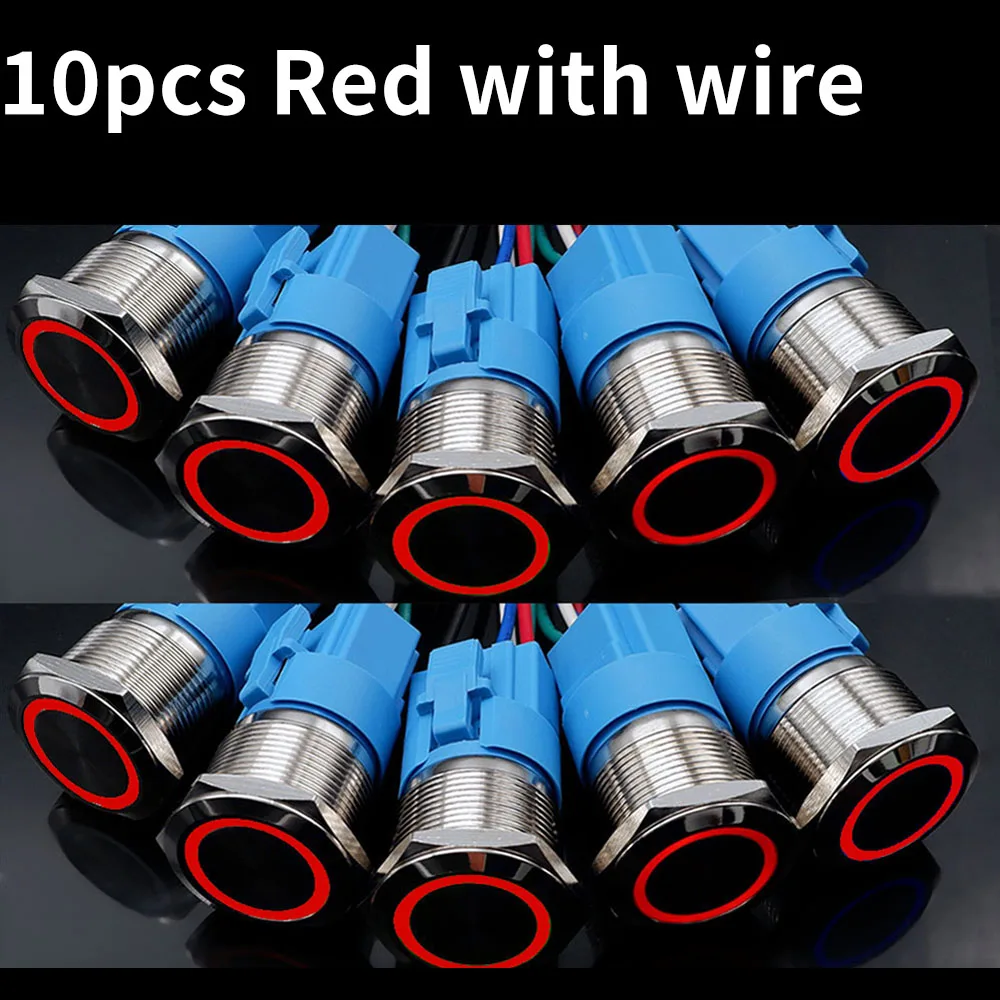 

10pcs металлический переключатель кнопки нажатия 16мм 19мм 22мм с разъемом 3В 12В 24В водонепроницаемый светодиодный свет самостоятельного сброса блокировки Символ питания Серебро