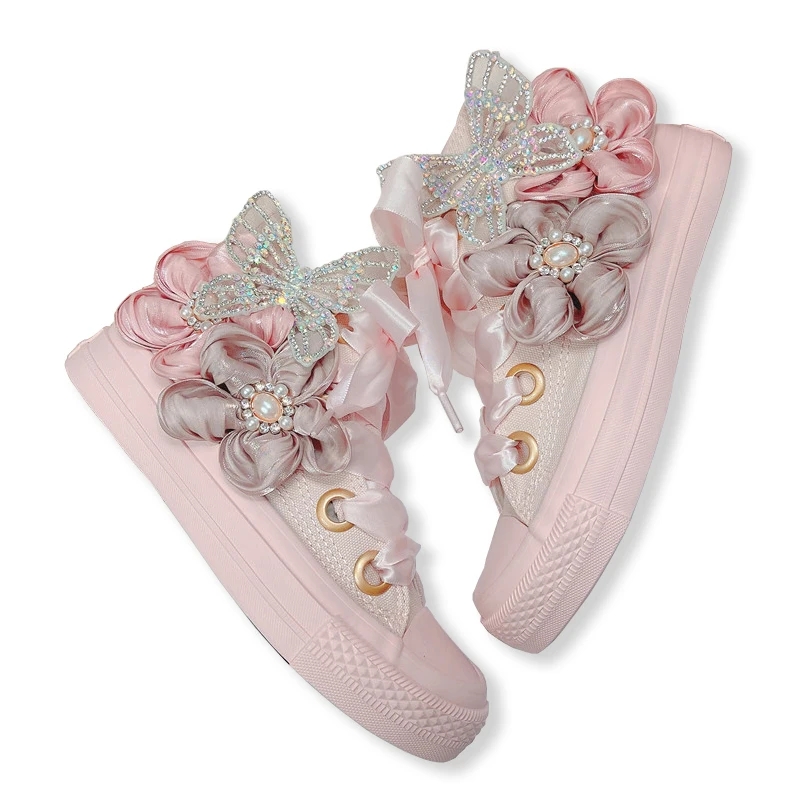 Spring New Women Canvas Shoes Fashion Handmade Girl Purple Vulcanized Sneakers 3D Butterfly Flower Casual High Low Flat Shoes