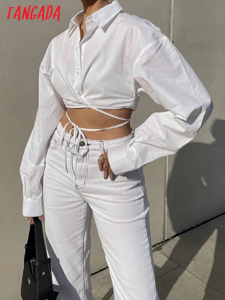 

Tangada women Sexy White cotton blouse with slash short style fashion long sleeve shirts female chic tops SP06
