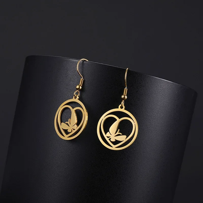 Простые элегантные серьги-кольца из нержавеющей стали в форме бабочки и сердца