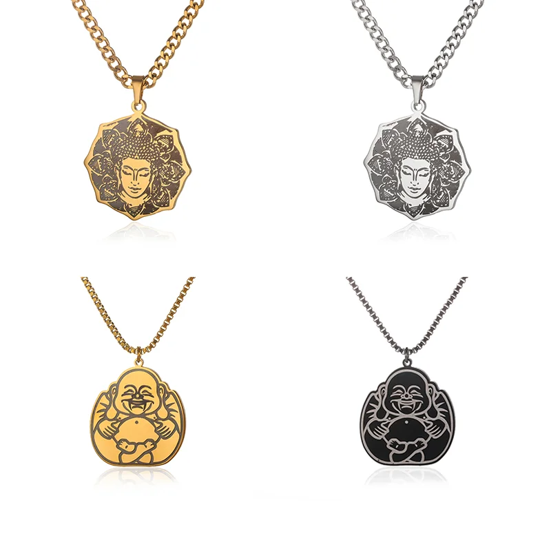 

Fashion Buddha Head Necklace for Women Men Buddhist Jewelry Big Belly Maitreya Pendant Stainless Steel Religious Necklace Amulet