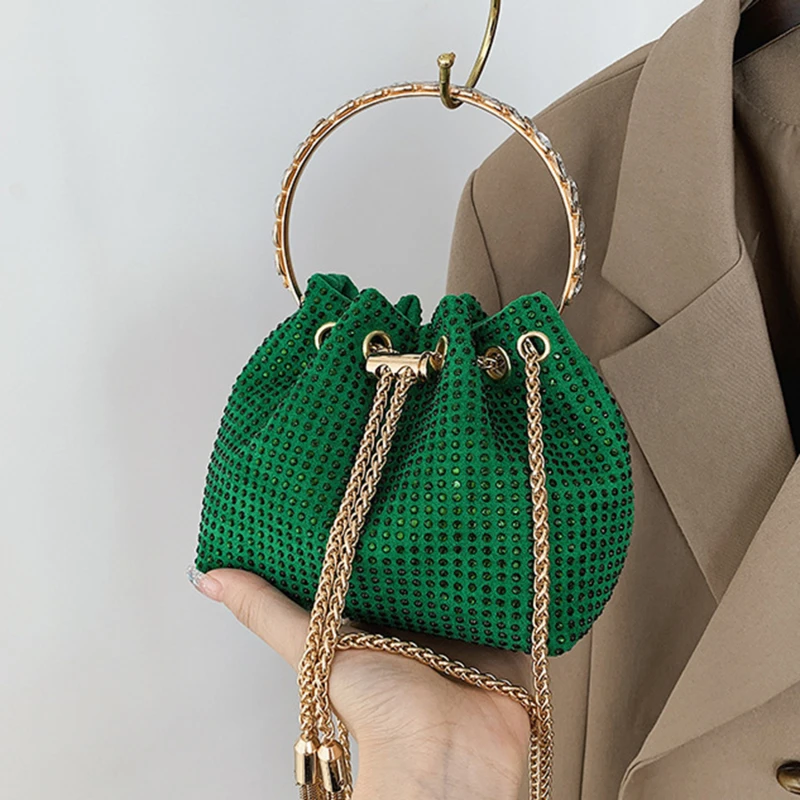 

Женская вечерняя сумочка с кисточками, круглая сумка-мешок с металлическими ручками и кристаллами, роскошный дизайн, сумка через плечо с цепочкой