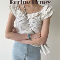 boring honey fashion chic solid color summer clothes for women retro thin hollow out short sleeve knitted round collar top women