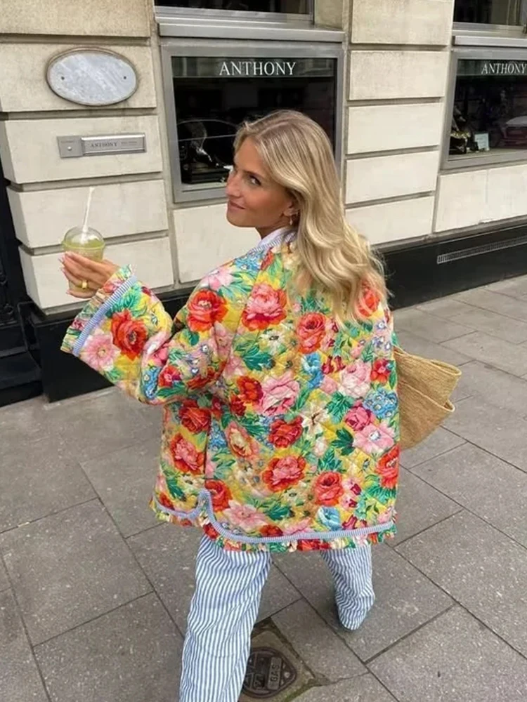 Женская стеганая парка с цветочным принтом плотное теплое пальто соединением