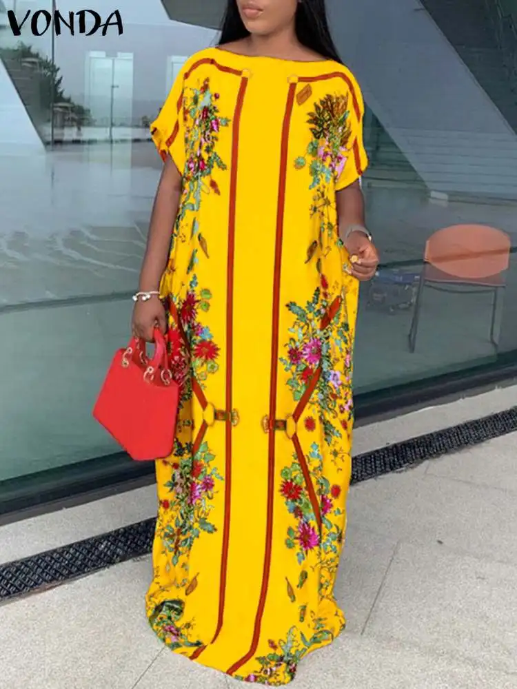 

VONDA 2022 Women Off Shoulder Maxi Dress Party Vestido Oversized Robe Femme Vintage Short Sleeve Floral Printed Holiday Sundress