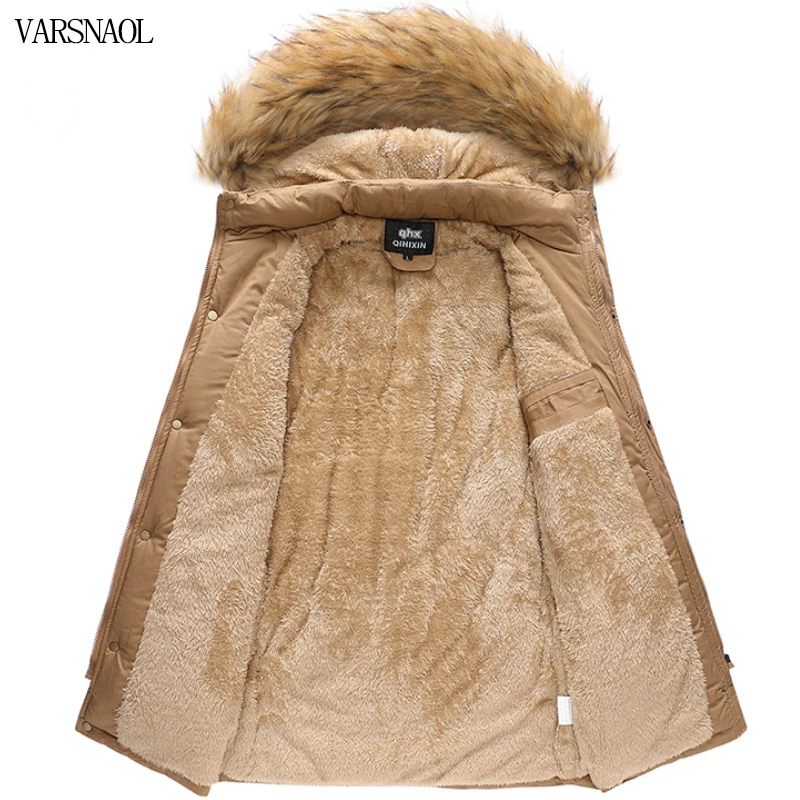 Varsanol Winter Mens Jacket Parkas Hooded Fur Collar Men Clothes Thick Warm Fleece Lined Jacket Outdoor Mid-Long Jacket Coat Man