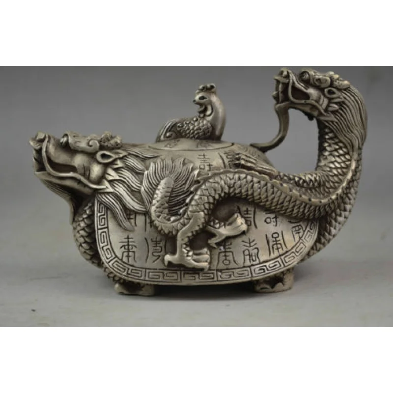 

collectable China Old Handwork Tibet Silver Carved Dragon Tortoise Tea Pot