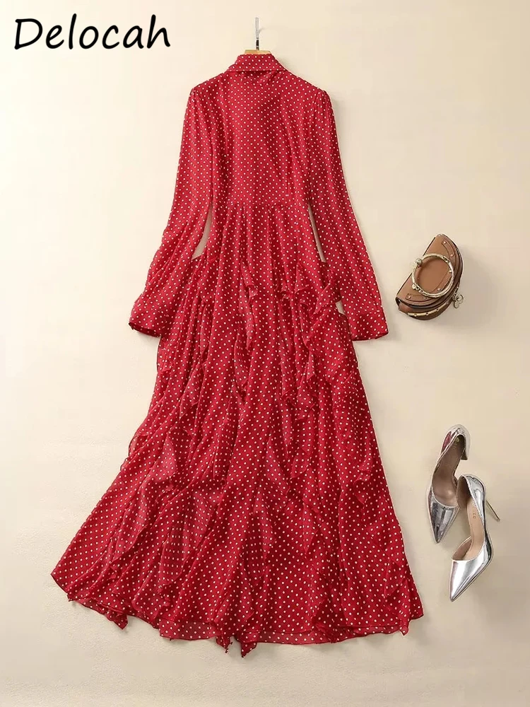 Женское платье-трапеция Delocah красное платье в горошек с длинным рукавом оборками