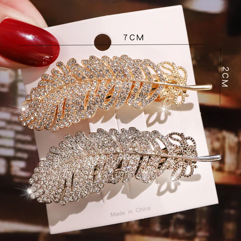 

Korean Fashion Women Crystal Feather Hair Clips with Rhinstones Glitter Hairpins Barrettes for Girls Bangs Hair Accessories