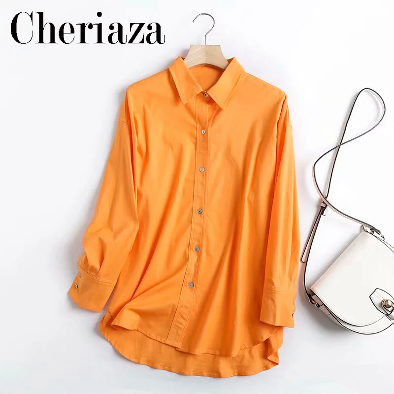 2022Spring Autumn Women Orange Cotton Linen Oversized Shirt  Chic Female Casual Loose solid color Shirt Blusas Femininas